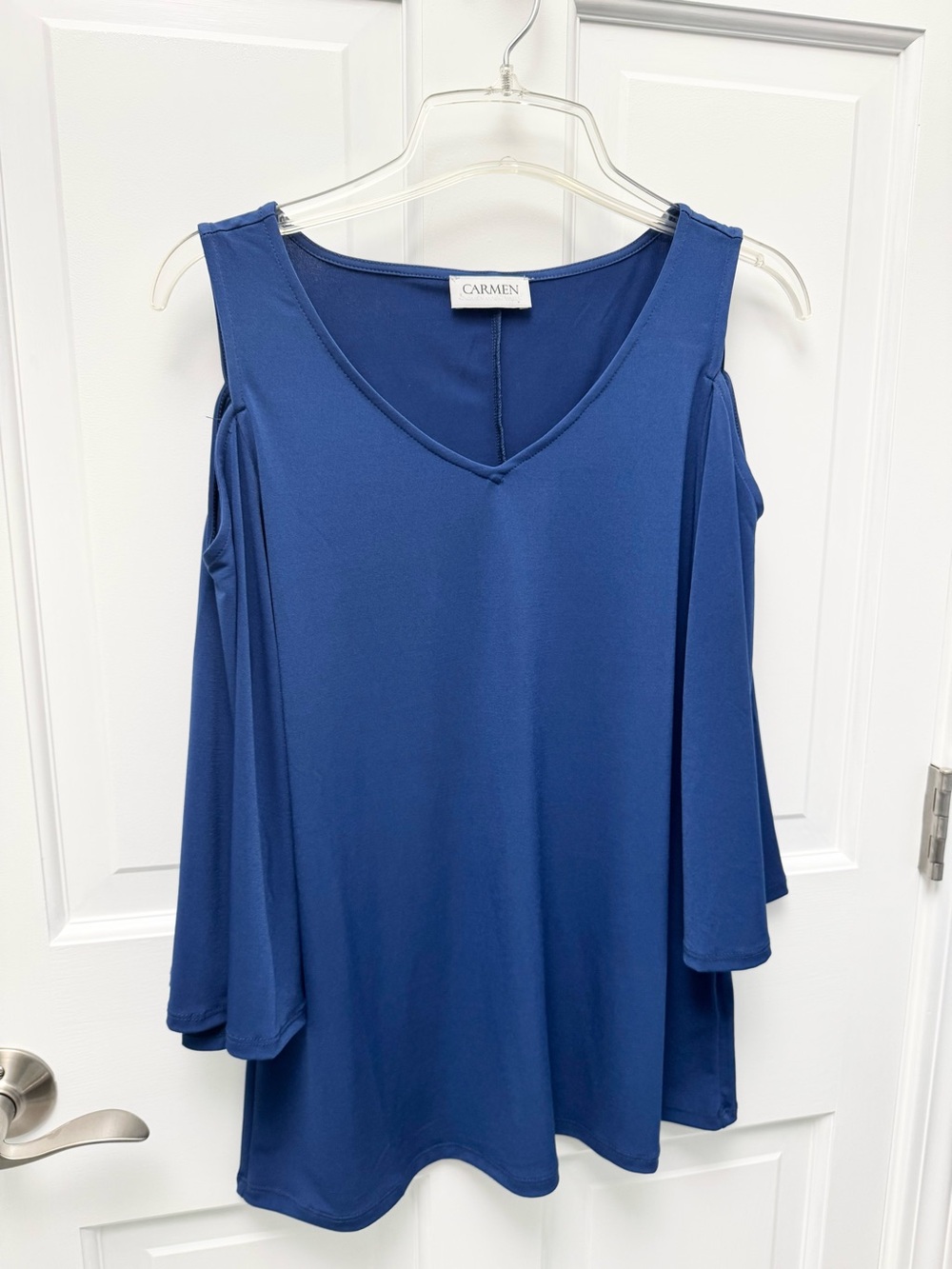 Carmen Marc Valvo Royal Blue Cold-Shoulder V-Neck Top, Small